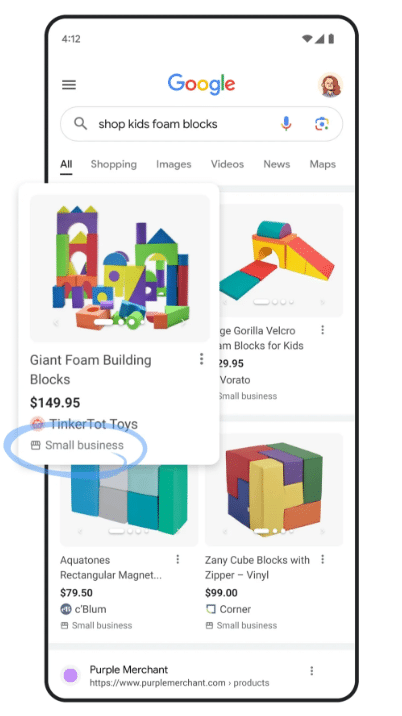 Example of the GMB small business label now available and how it appears in Google search, showing the label circled under the price of blocks. 