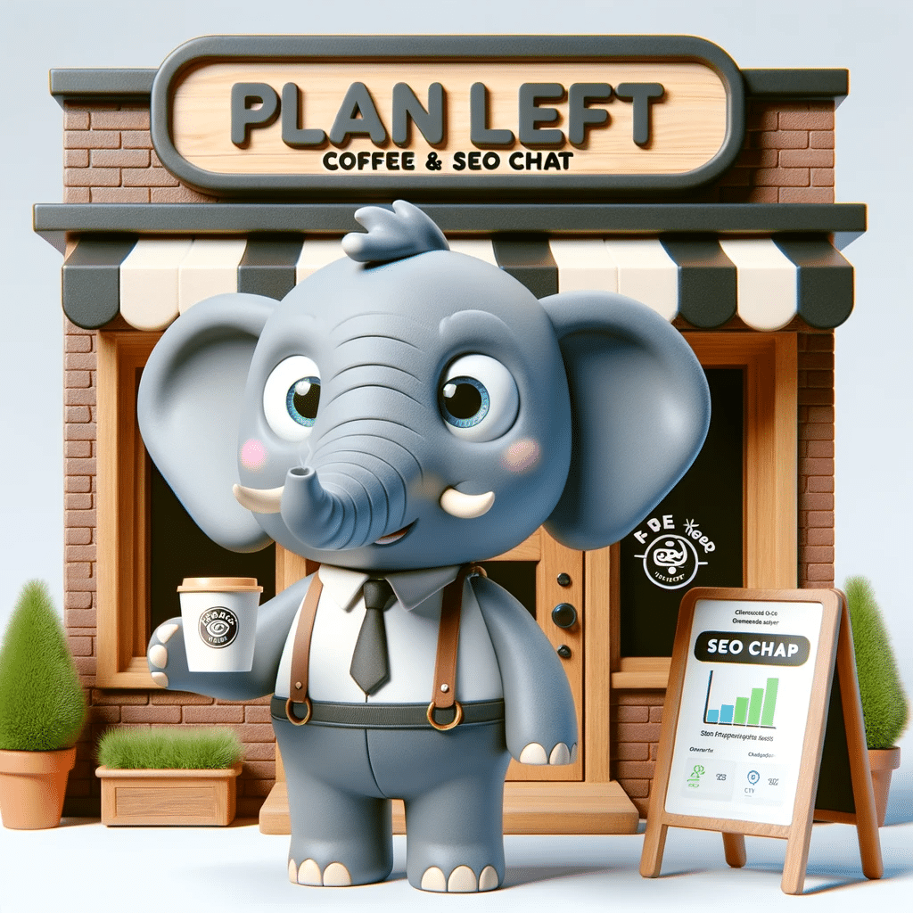 DALL-E 3 Image created of an elephant standing outside the Plan Left Coffee & SEO Chat cafe with coffee.