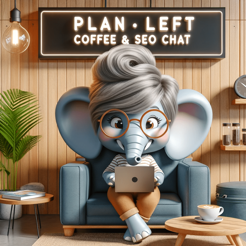 DALL-E 3 created image of an elephant wearing glasses, sitting in the Plan Left Coffee & SEO Chat cafe, with a laptop on their lap. 