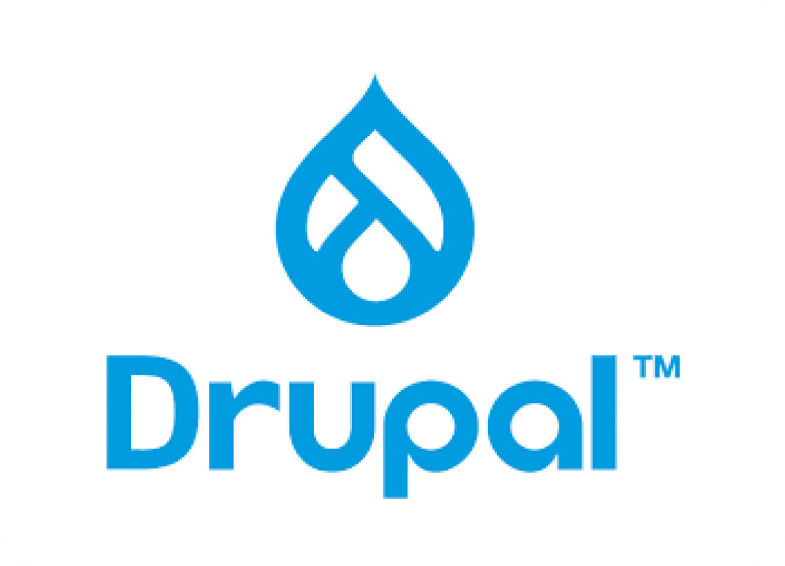 Drupal tear drop logo in blue with white background.