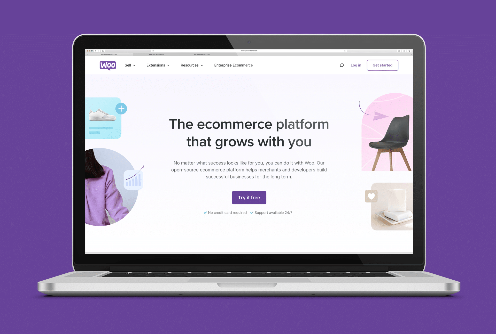 WooCommerce homescreen on an open laptop screen with a purple background.