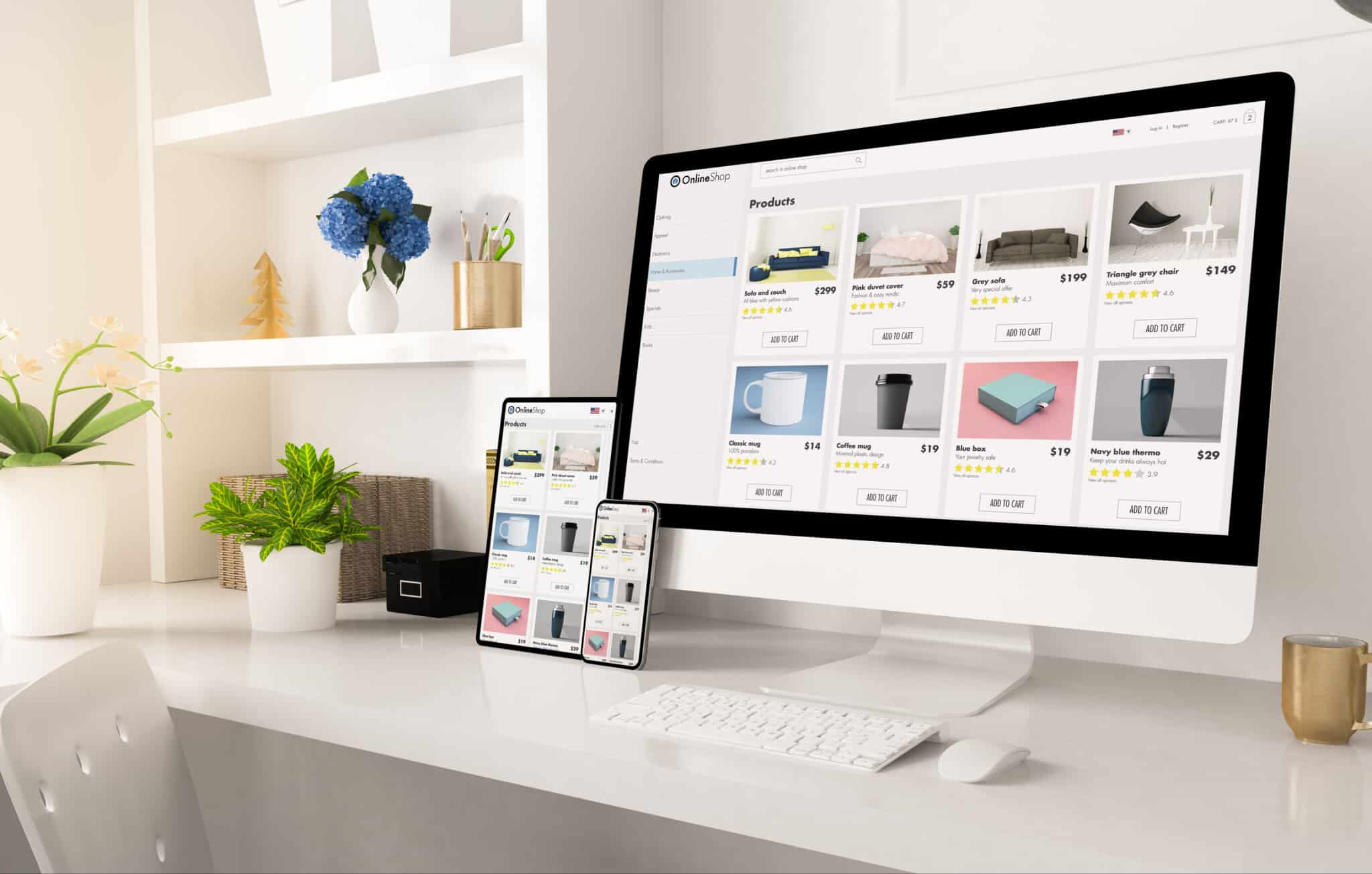 eCommerce shop with various items viewed across desktop, tablet, and mobile devices.