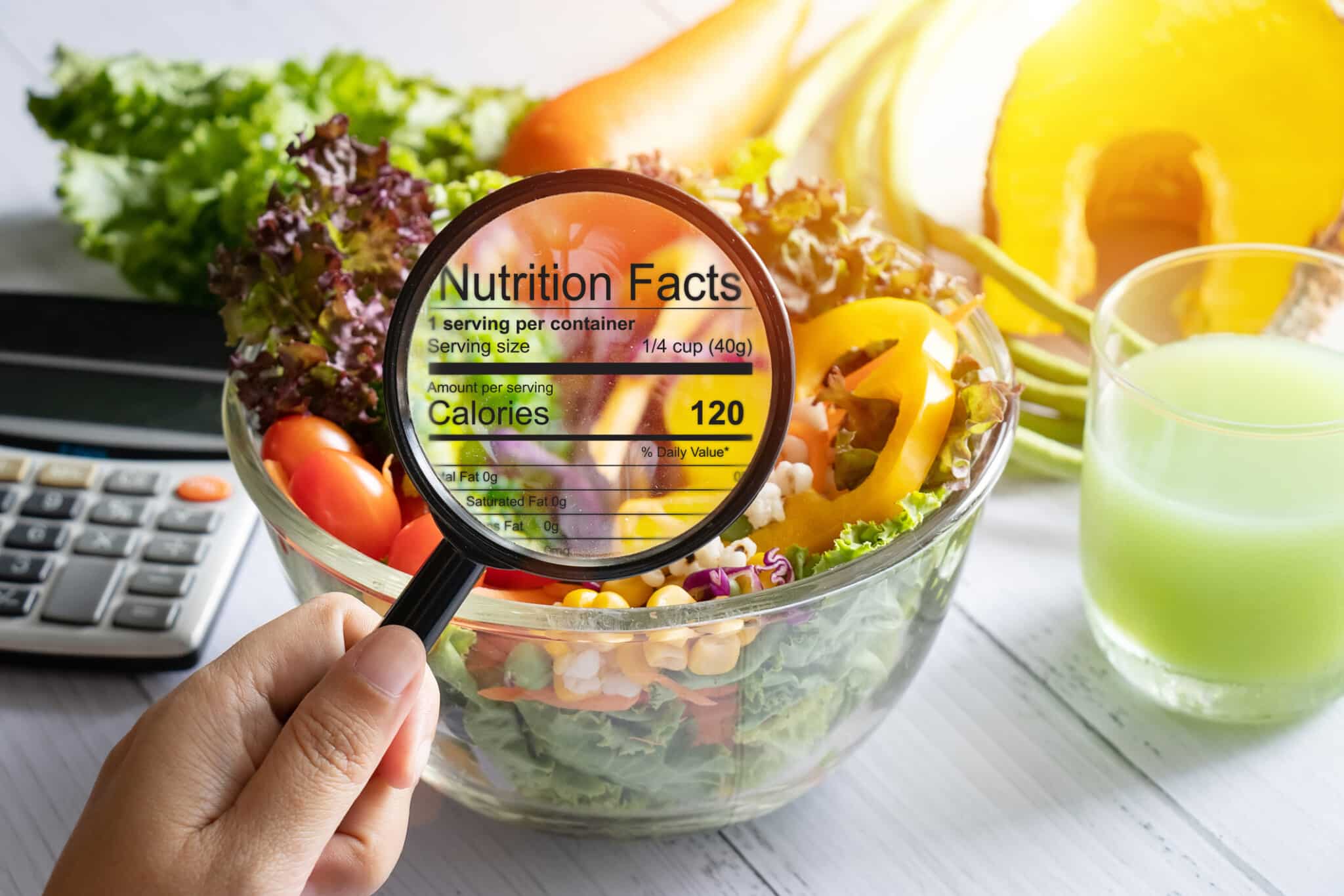 Hand holds magnifying glass over a salad with nutrition facts showing in the magnifying glass.