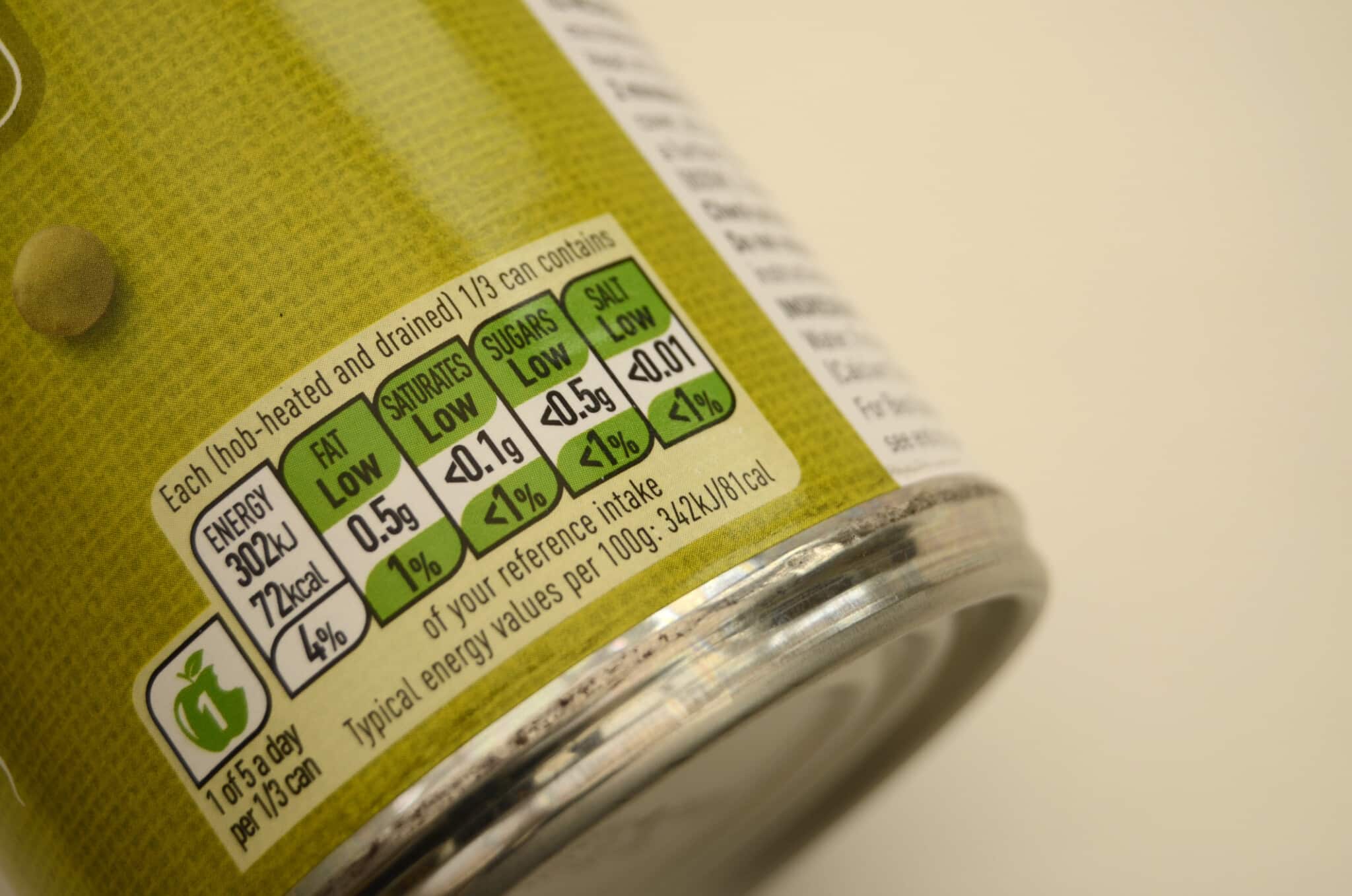 Food can with label showing nutrition information.