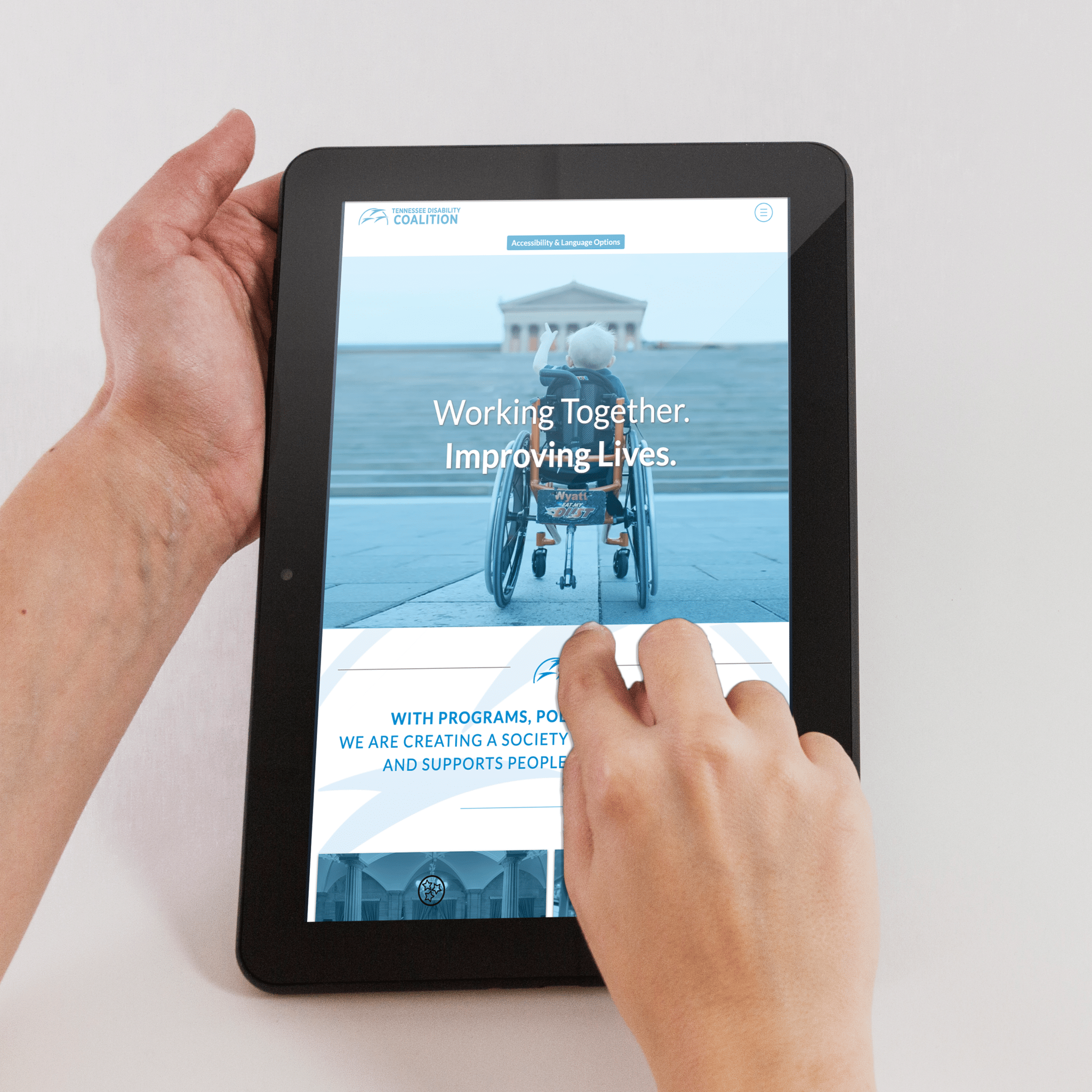 The Tennessee Disability Coalition website tablet view showing user accessibility.