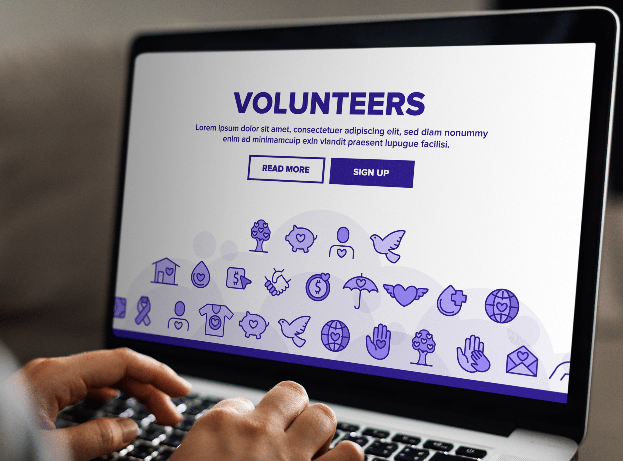 Non-profit webpage for volunteer registration with purple font and white background.