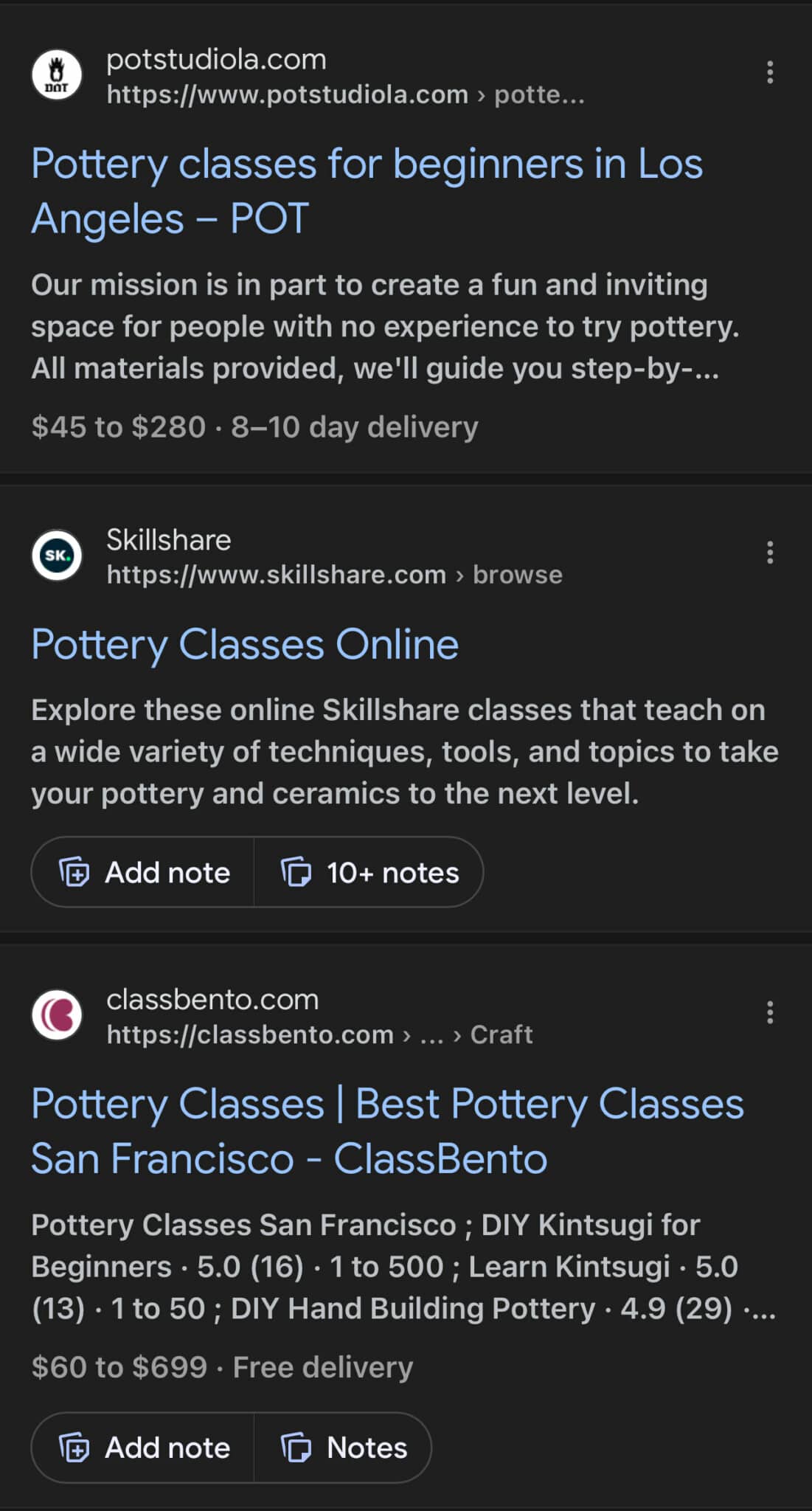 Mobile screenshot of search results for potter classes with the add a note feature. 