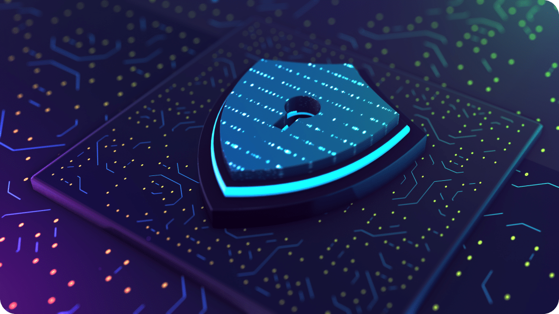 A shield with a lock in the middle with a computer component design and background.