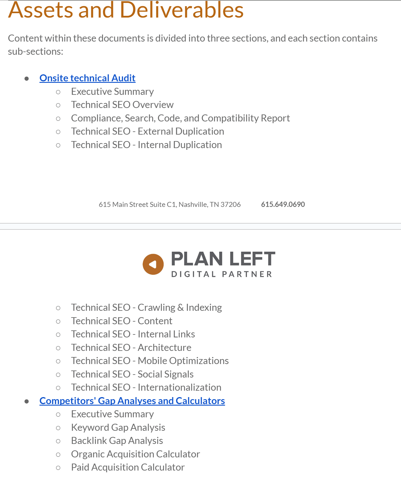 Table of contents for a broad overview of the Plan Left SEO Audit deliverables. 