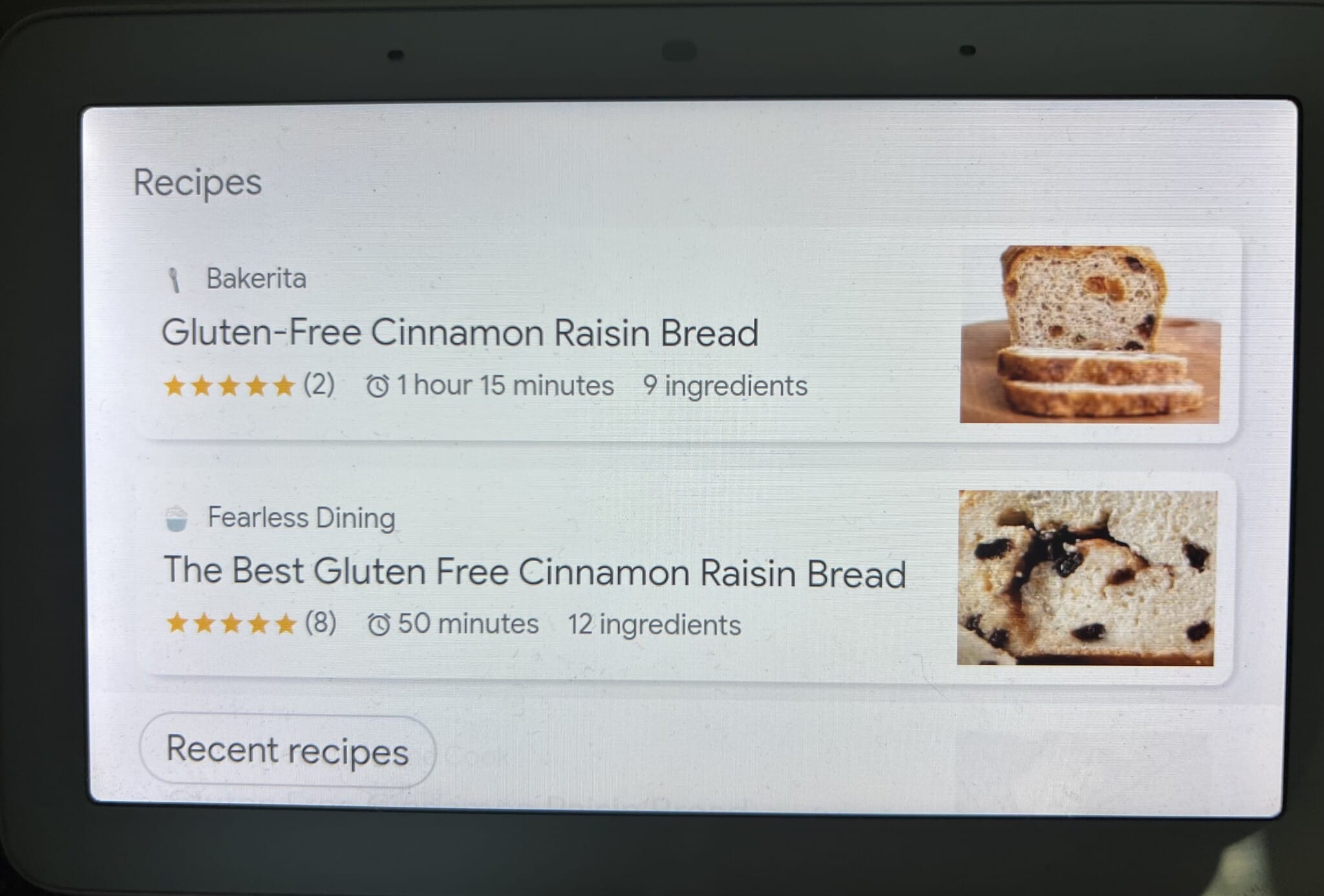 Google Hub results display for Hey Google, what is a five-star rated gluten-free recipe for cinnamon raisin bread."