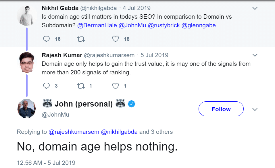 Social page asking about domain age and John Mueller replying.