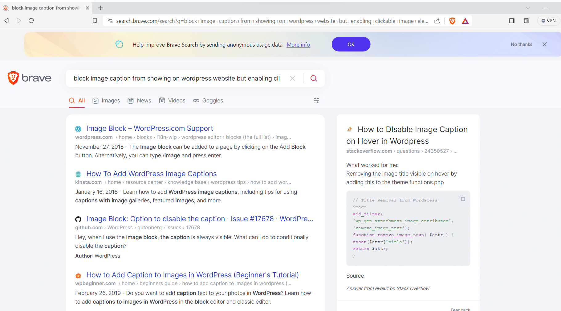 Search results displayed on Brave browser with code for removing image title on hover.