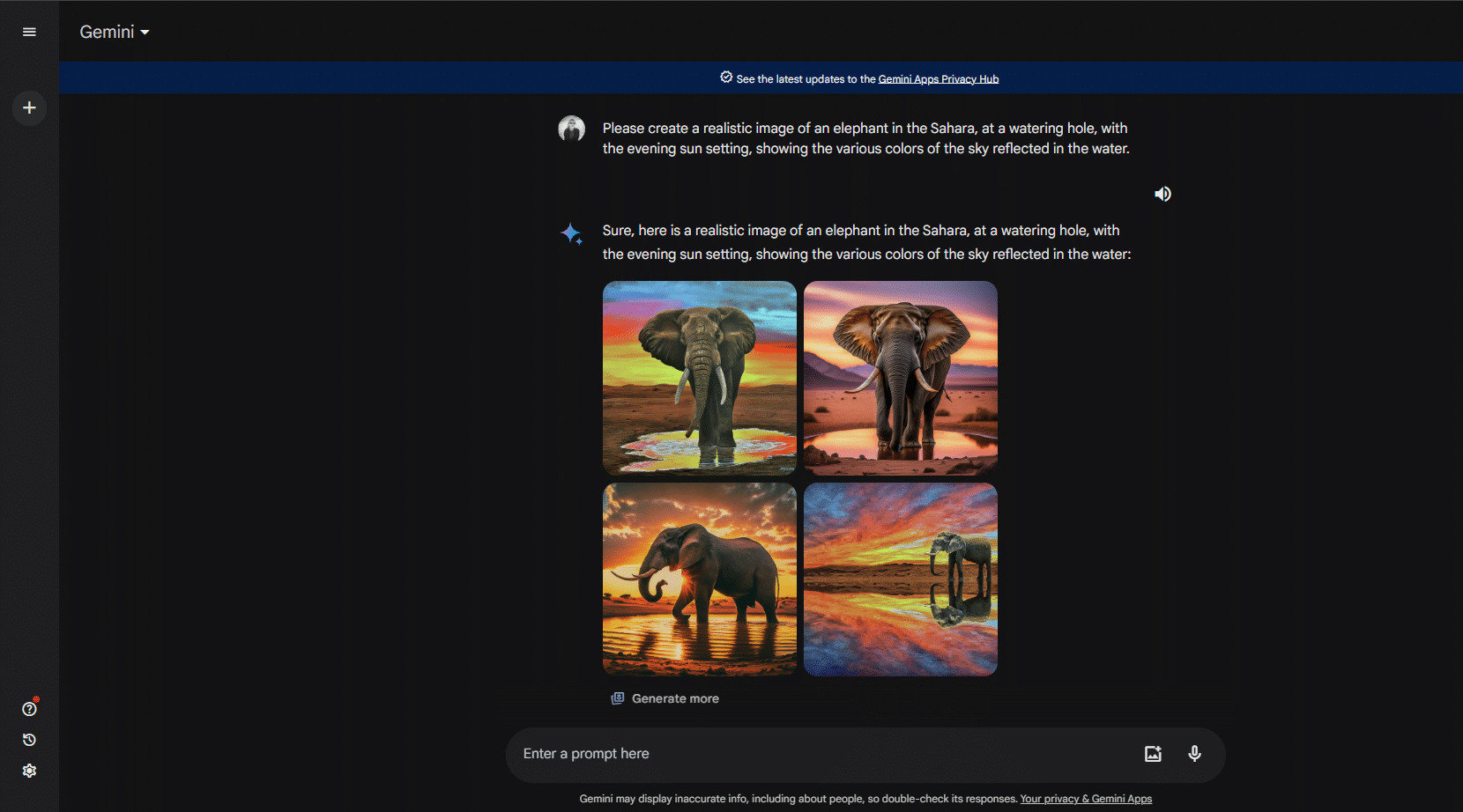 Four different images on the Gemini results screen after requesting an image of an elephant standing at a watering hole at sunset.