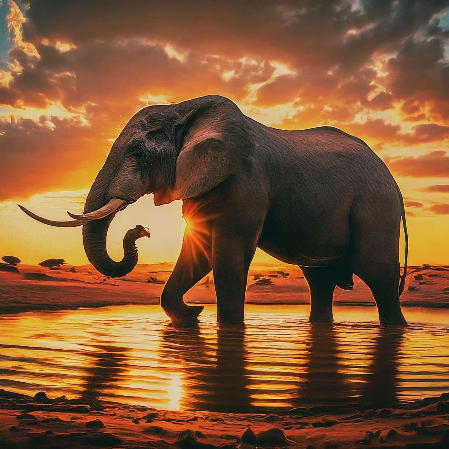 Gemini generated image of an elephant standing in a small watering hole with the sunset behind them.