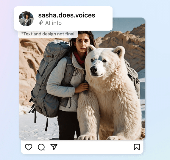 Woman next to a polar bear with the Meta label "AI Info" at the top left of the image.