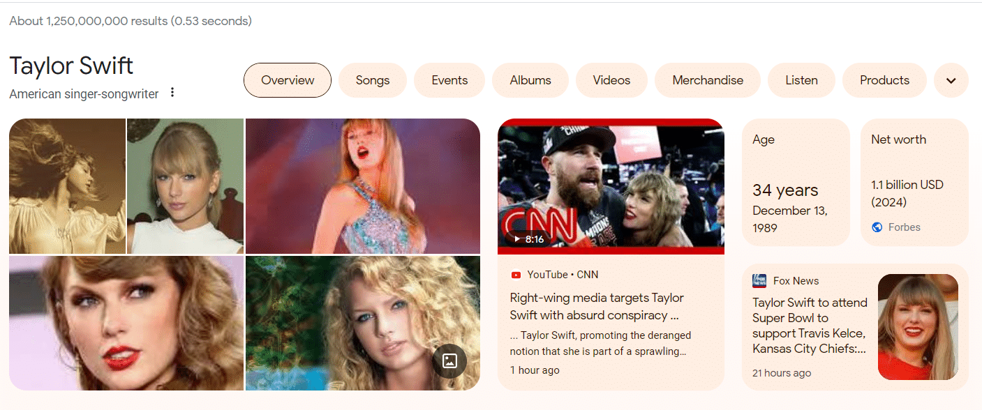 Knowledge panel example on search results for Taylor Swift showing lack of timeline.