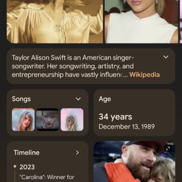 Mobile knowledge panel for Taylor Swift search with visible timeline showing.