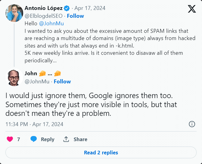 John Mueller responds to Antonio Lopez asking about spam backlinks. 