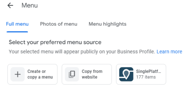 Google My Business now offer choices for adding your menu to your profile.