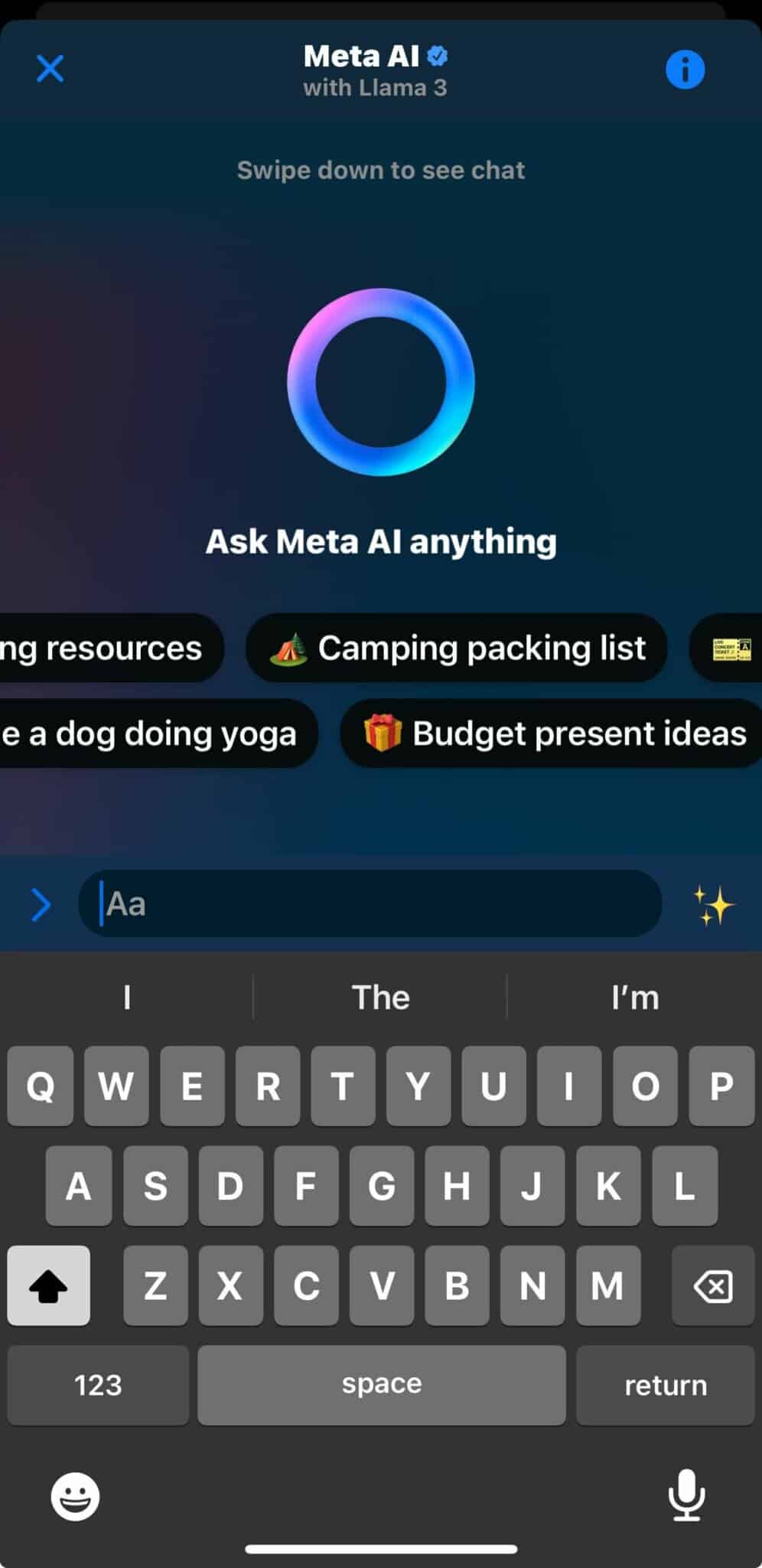 Meta AI search from the mobile Messenger app with quick fill options and query bar. 