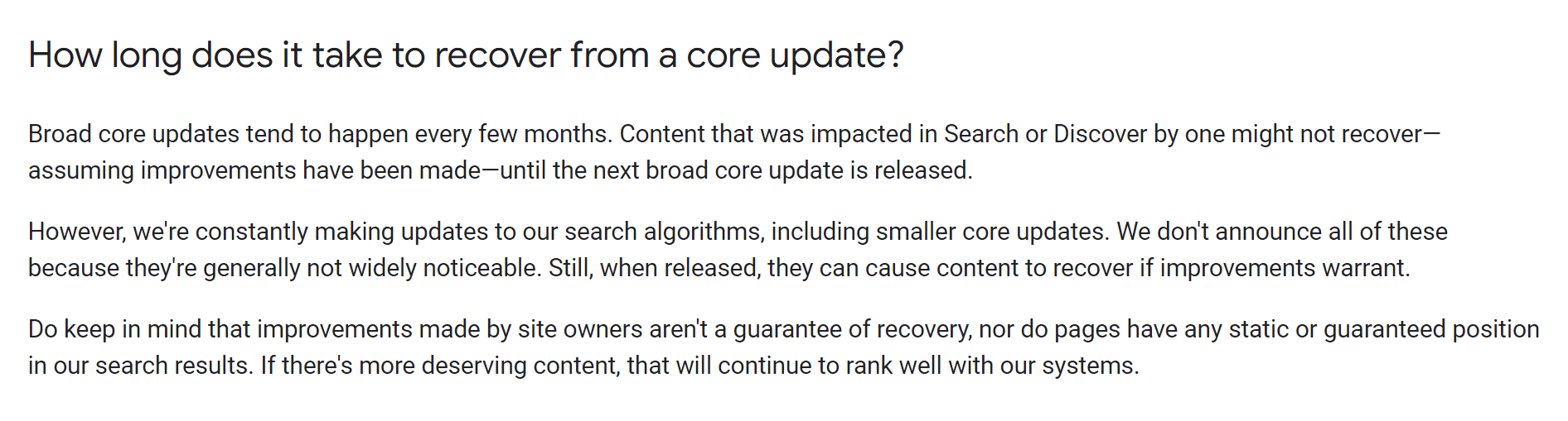 Google shares what the process and timeline is for recovering after a core update.