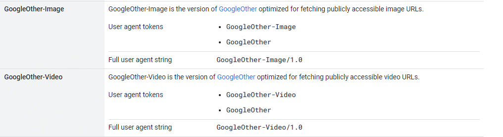 GoogleOther, GoogleOther-Image, GoogleOther-Video, bots listed.