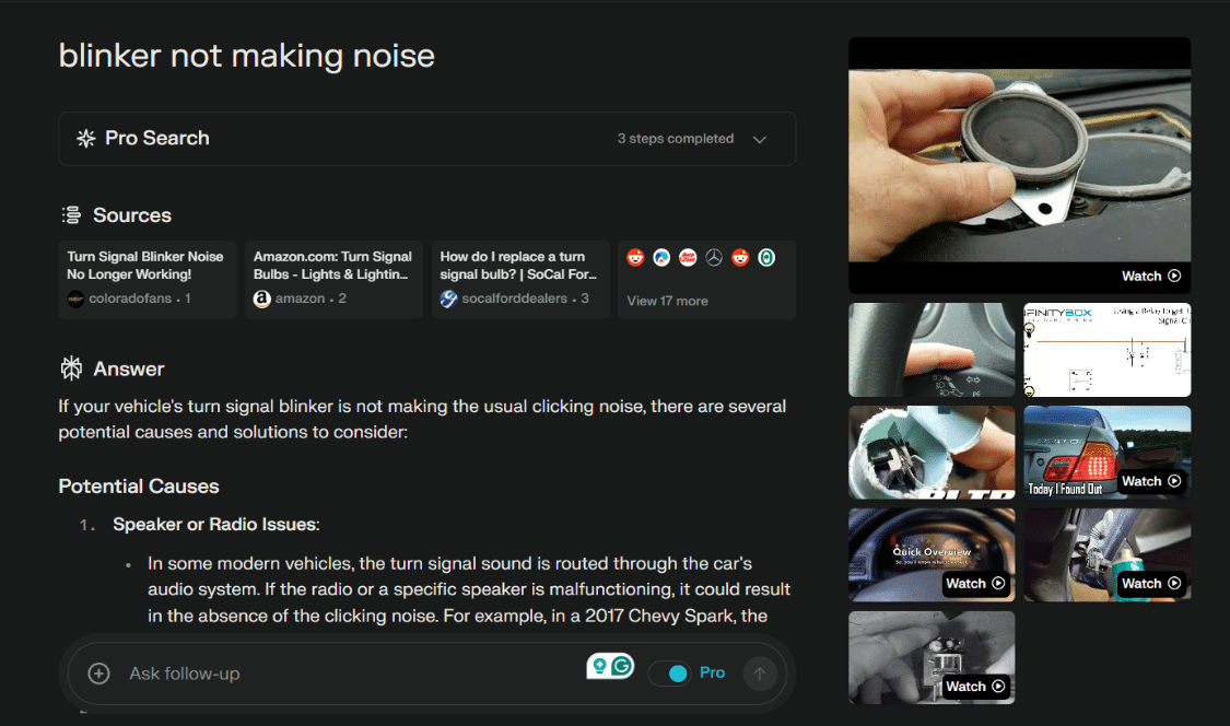 Perplexity.ai results for a query for blinker not making noise with content, links, images, and video.