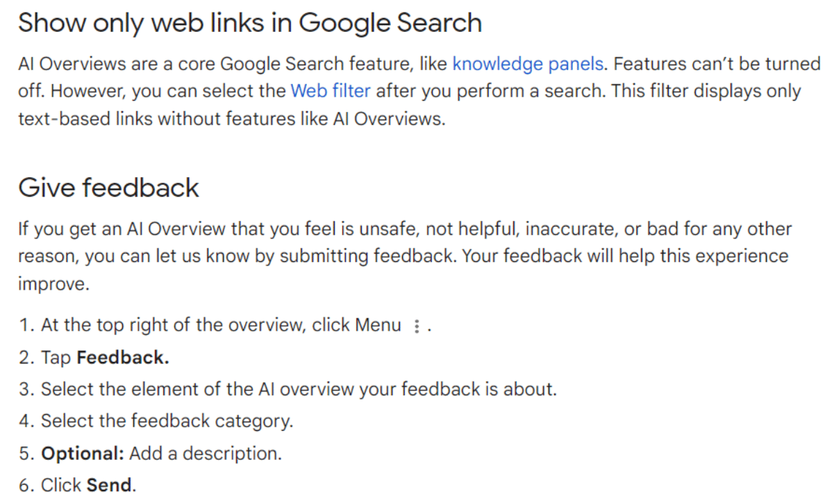 Screenshot of a Google document sharing how to use web only search to remove Ai Overviews and how to send Google feedback. 