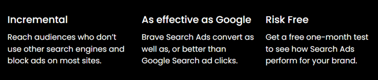 Brave screenshot regarding search ads speaking to their effectiveness as good as Google. 