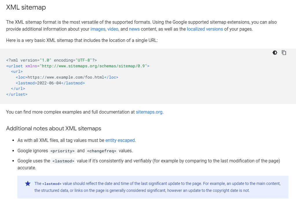 XML sitemap example from Google documentation on how to implement Lastmod date.