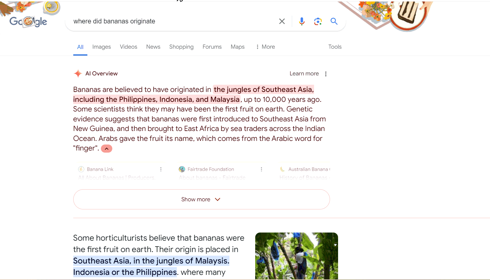 Scrolling view of Google search results with AI Overview for Where Did Bananas Originate?