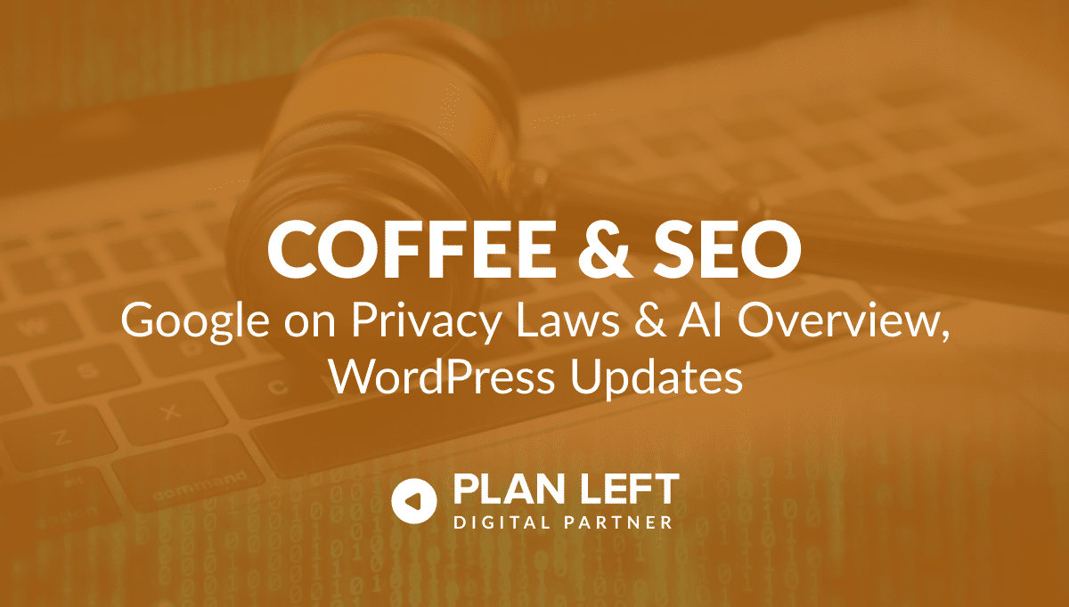 Google on Privacy Laws & AI Overview, WordPress Updates in white font with an Orange Overlay.