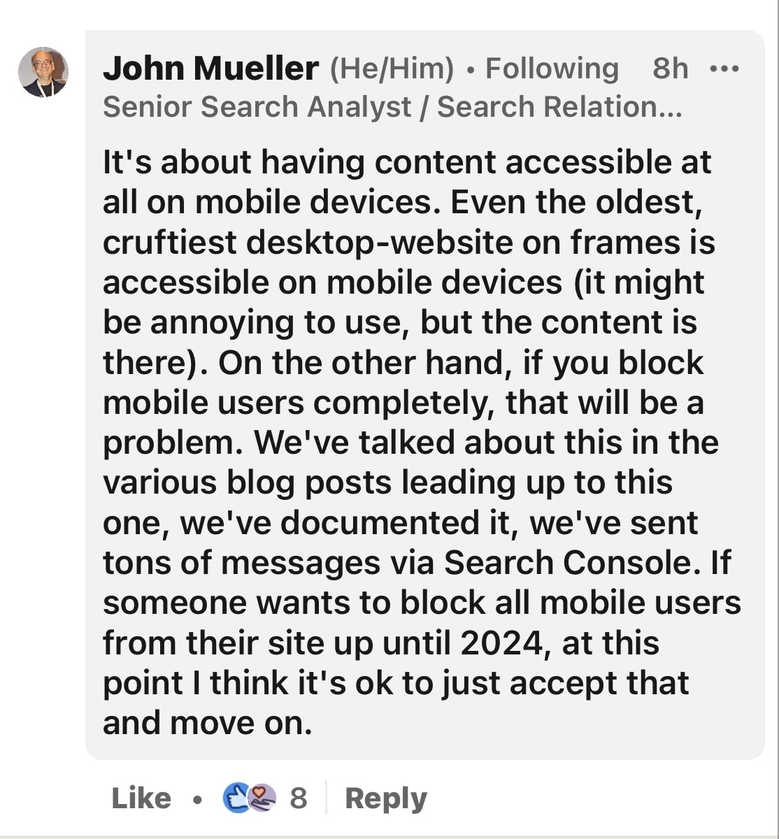 John Mueller reply on LinkedIn regarding the July fifth update that will index all websites for mobile. 