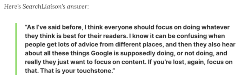 Search Liaison social post response to focusing on users when developing content.