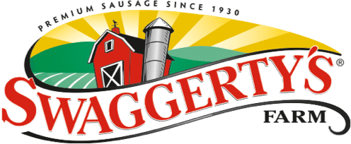 The logo of Swaggerty's Farm is written in red, and a barn with sun and fields are above it.