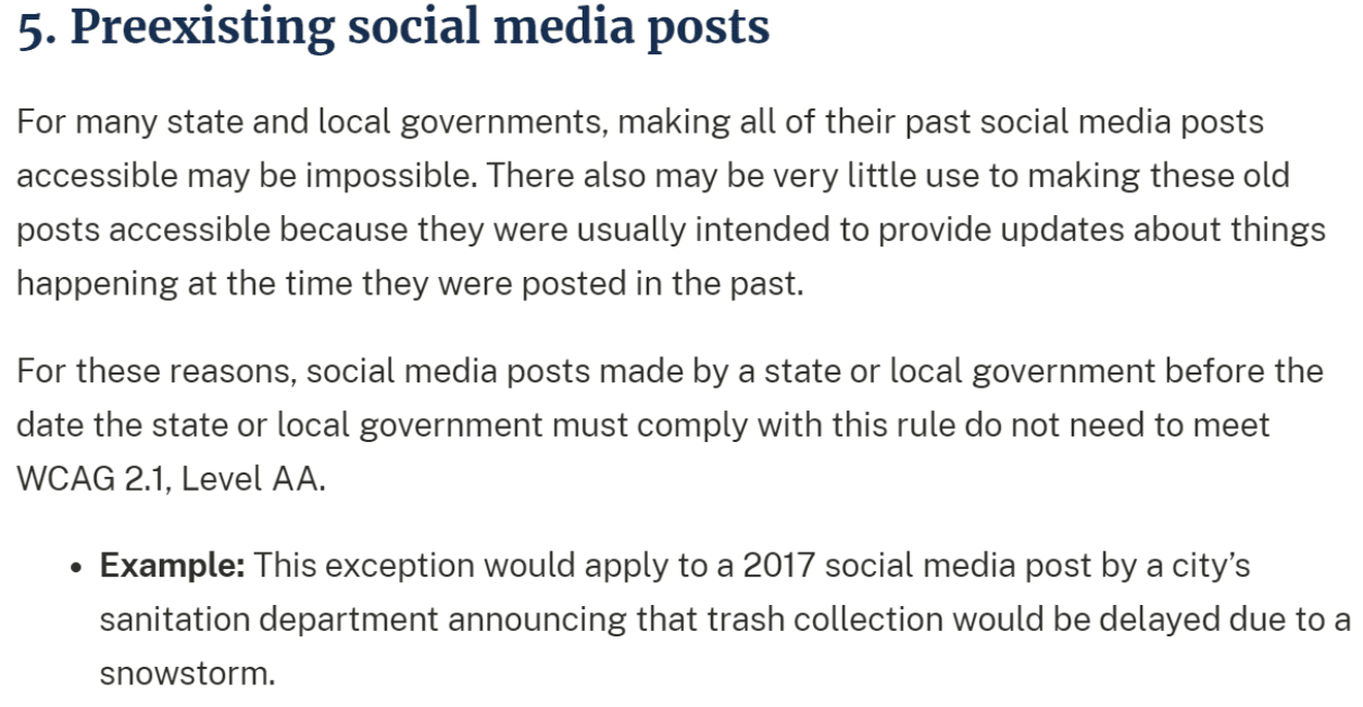 DOJ rule on preexisting social media posts not required to be ADA. 