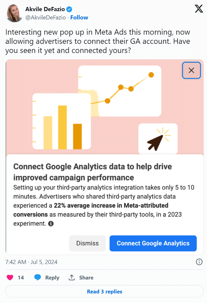 X platform post with a screenshot of the connect meta to GA4 popup window.