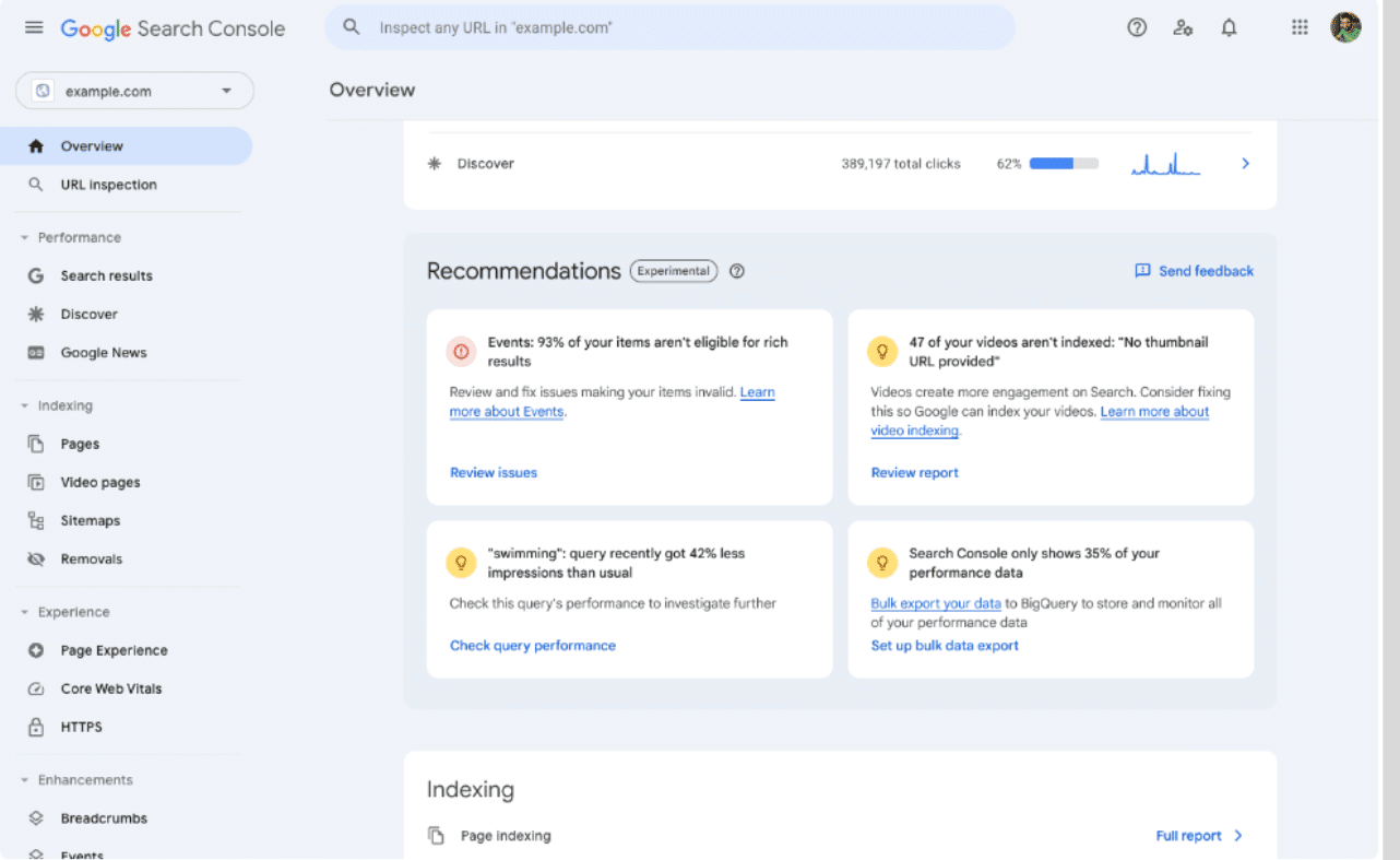 Google Search Console Overview dashboard with the experimental recommendations for SEO. 