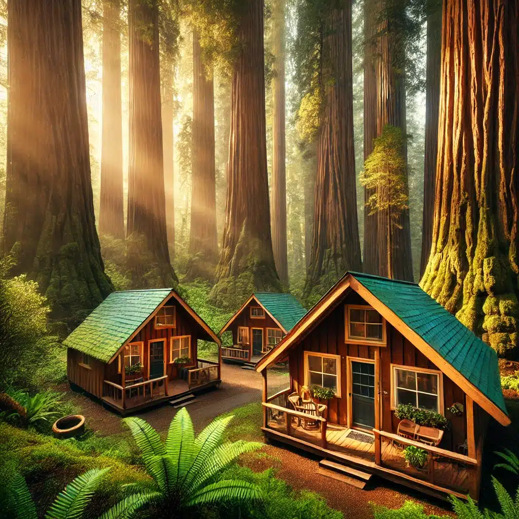 AI generated image of cabins in the middle of the redwood forest with green roof tops.