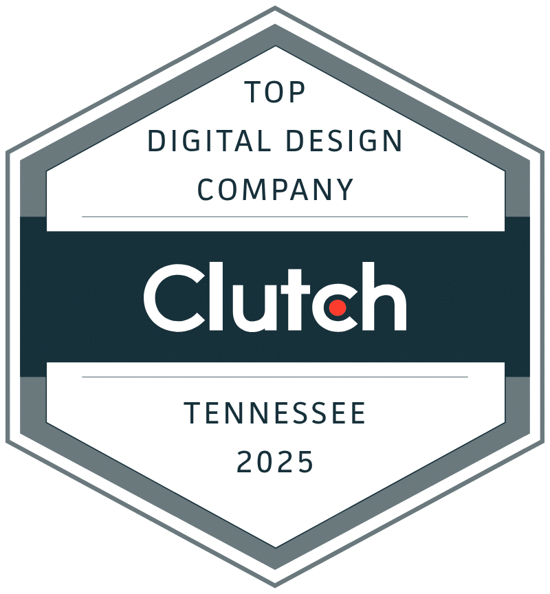 A hexagon badge with "Top Digital Design Company" and "Tennessee 2025" in bluish-black and a colored block with "Clutch" in white.