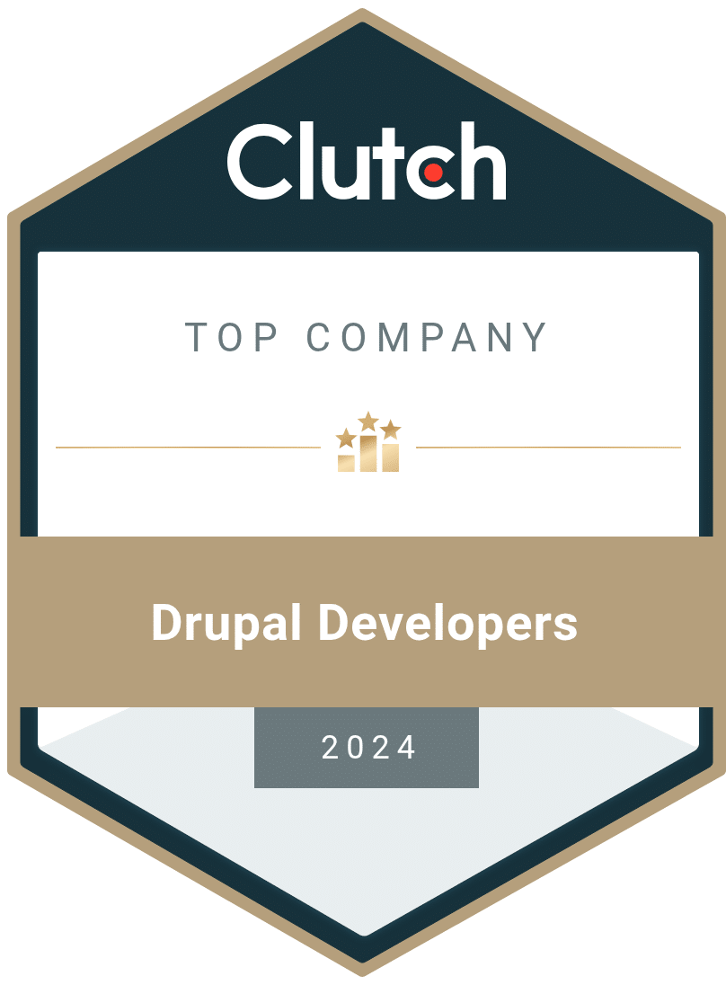 A hexagonal badge with Clutch in bold white font at the top and "Drupal Developers 2024" in mud brown blocks at the bottom side.