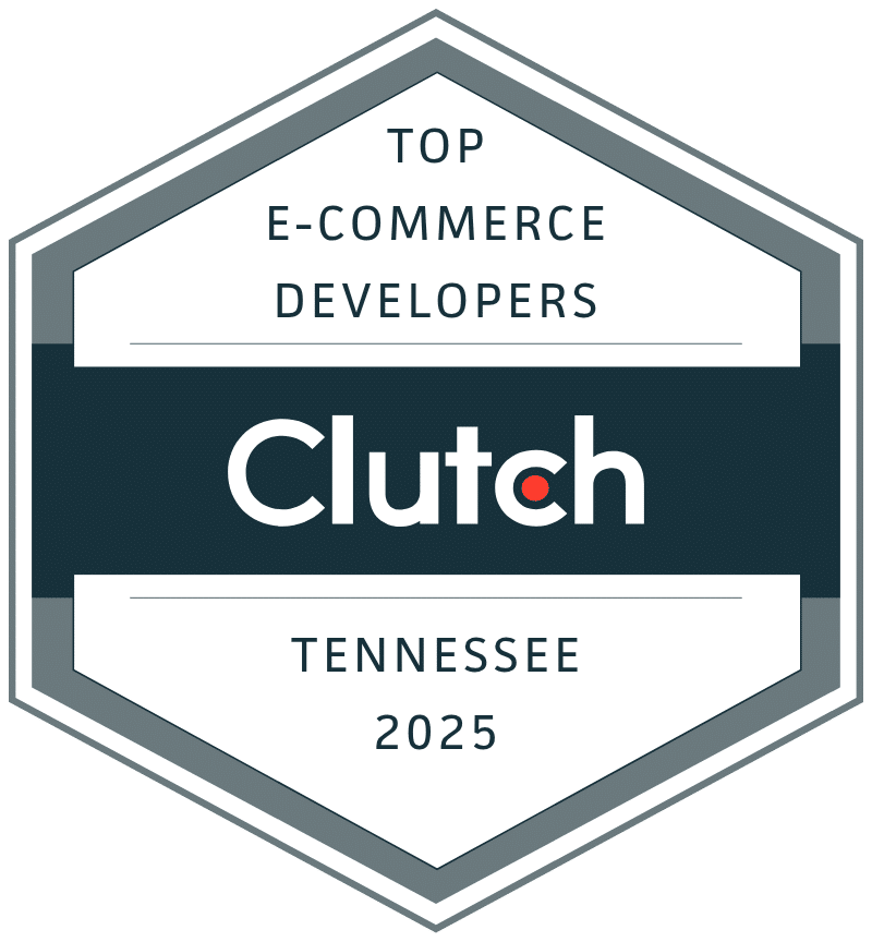 A hexagon badge with "Top E-Commerce Developers" and "Tennessee 2025" in bluish-black and a colored block with "Clutch" in white.
