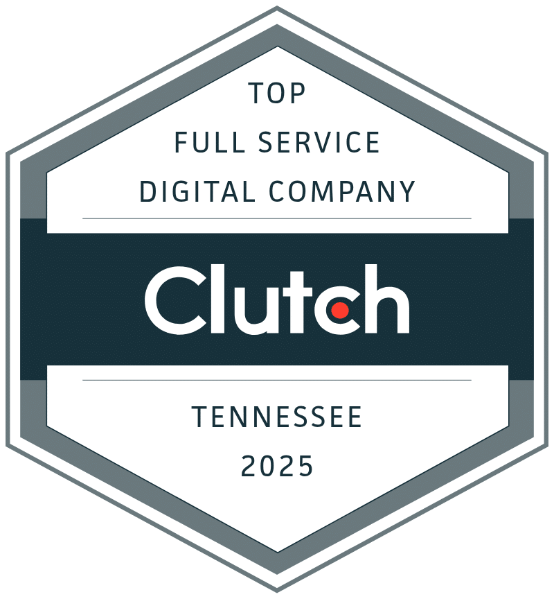 A hexagon badge with "Top Full Service Digital Company" and "Tennessee 2025" in bluish-black and a colored block with "Clutch" in white.