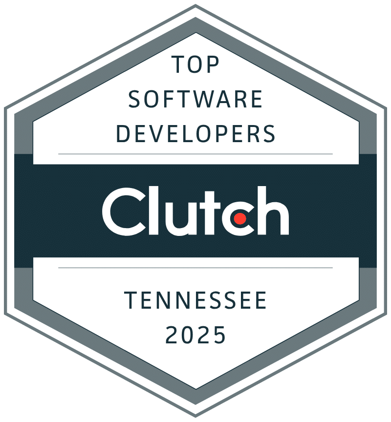 Large hexagon badge with "Top Clutch Software Developers Tennessee 2025" and "Tennessee 2025" in bluish-black and a colored block with "Clutch" in white in the mid.