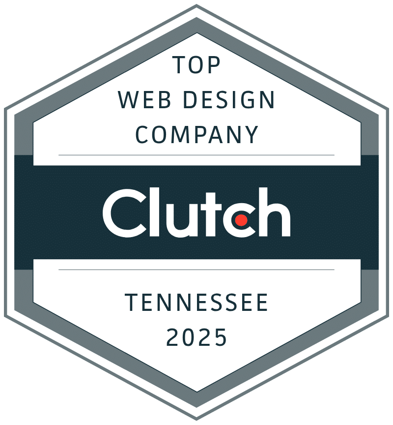 Large hexagon badge with "Top Clutch Web Design Company Tennessee 2025" and "Tennessee 2025" in bluish-black and a colored block with "Clutch" in white in the mid.