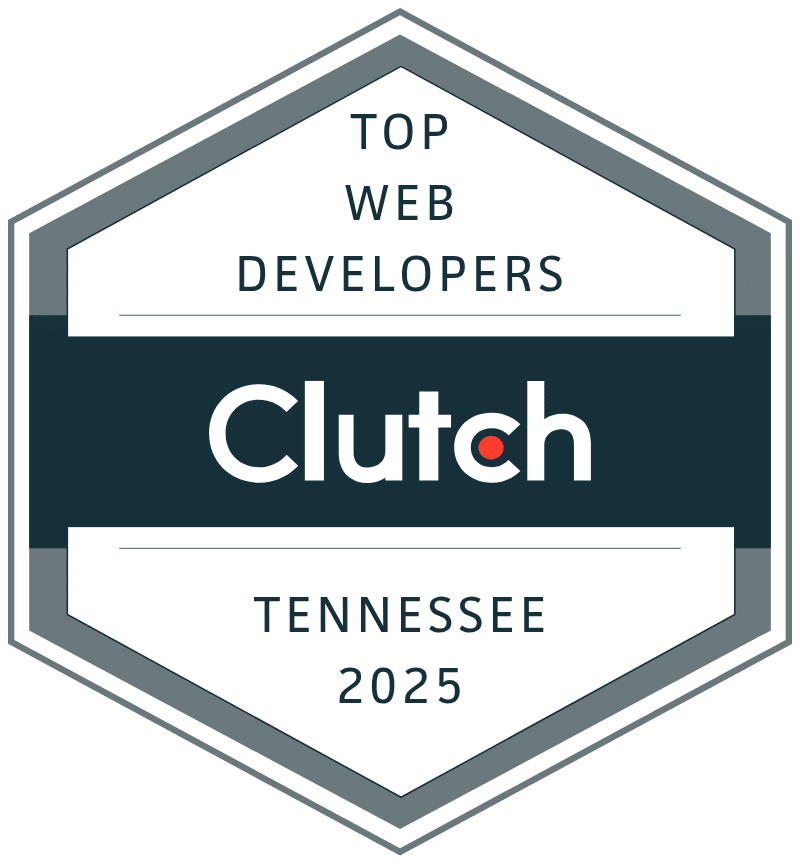 Large hexagon badge with "Top Web Developers" and "Tennessee 2025" in bluish-black and a colored block with "Clutch" in white in the mid.