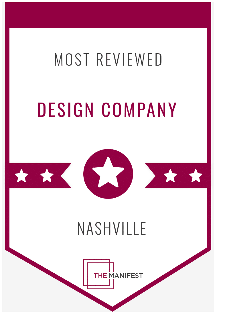 Magenta badge "Most Reviewed Design Company Nashville" written on it with 5 white stars on a magenta strip and "The manifest" at the bottom.