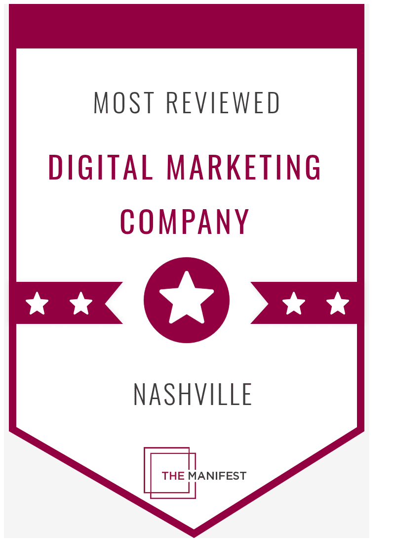 Magenta badge with "Most Reviewed Design Marketing Company" written on it with 5 white stars on a magenta strip and "The manifest" at bottom.